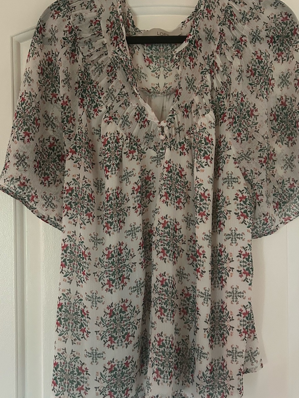 LOFT Cream Floral Tie-Neck Blouse with Green and Red Print